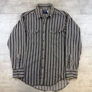 Wrangler Western Pearl Snap Shirt Mens 16.5 x 34 Black White Stripe Made in USA